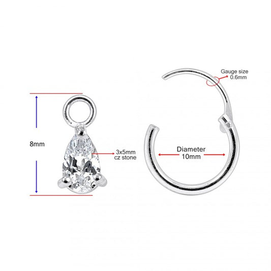 Sterling silver hoops with a dangly teardrop shaped cubic zirconia.Teardrop jewell 8mm height and 3x5mm cz stone. Hoop 0.6mm gauge and 10mm diameter.