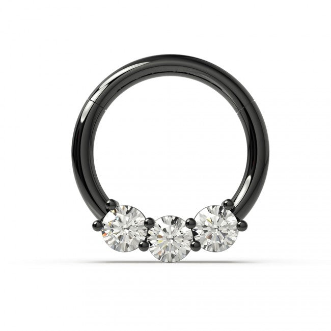 316L Surgical steel hinged segment ring with 3 clear cubic zirconia, shown in black. These beautiful clickers are great for cartilage, daith, rook, snug, helix or septum piercings.
