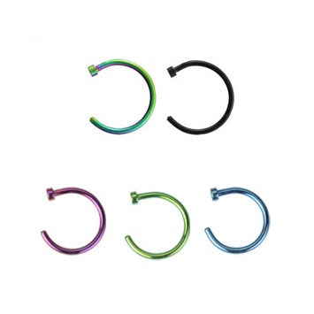 Versatile nose hoops for all nose piercings. Just insert the hoop from the inside of the nostril and feed it through and the little disk on the end keeps the hoop from sliding all the way through the nostril. The hoop stays open, so no need to "do it up" or close it in any way. The colourline is titanium ion plating over top of 316L surgical steel.