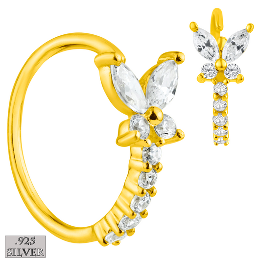Gold plated, sterling silver nose hoop with gorgeous cubic zirconia gem butterfly.  22 Gauge X 8mm. Just gently twist open the hoop to insert it in your nose, and twist the hoop back closed.