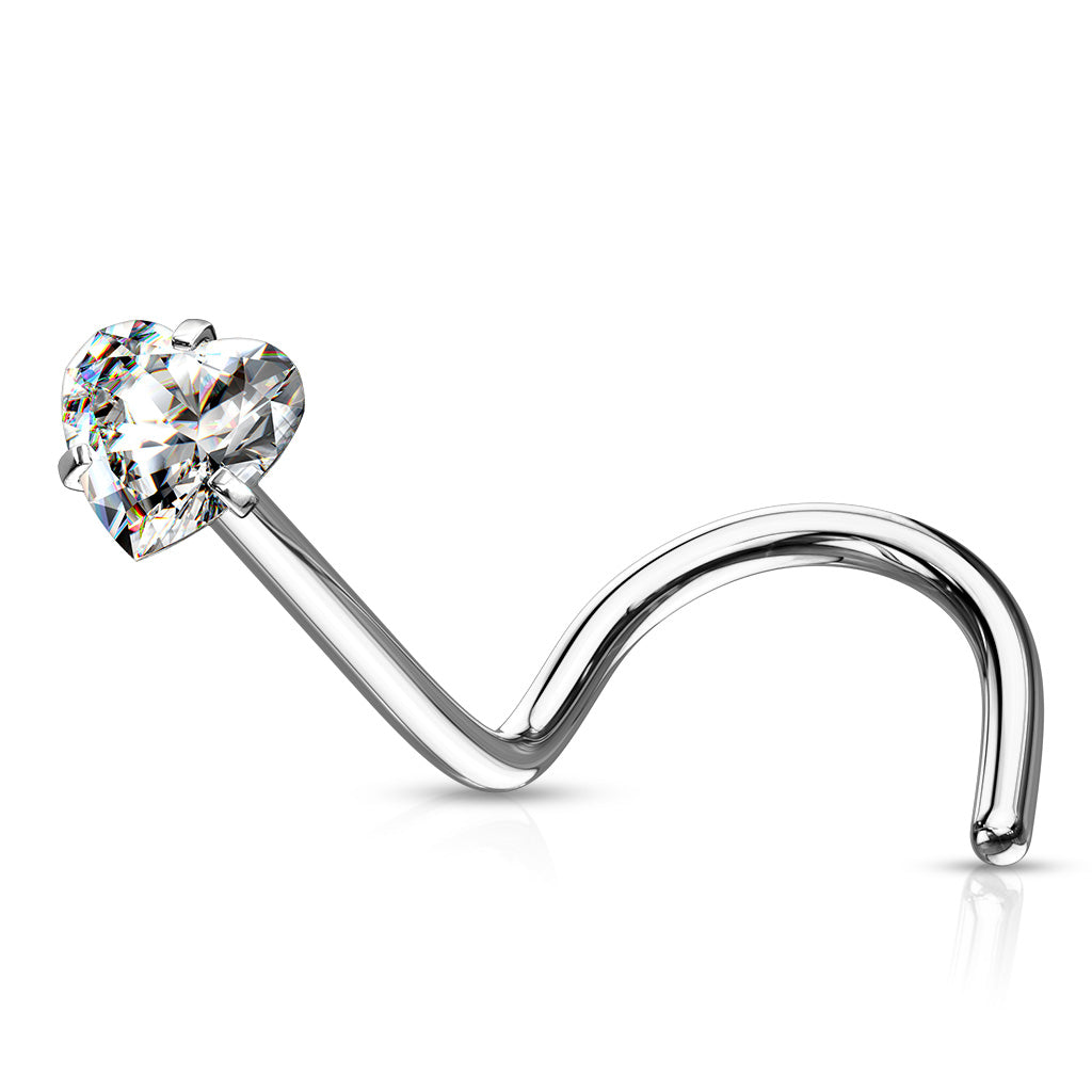 316L Surgical steel nose screw with a gorgeous prong set 3mm heart shaped cubic zirconia.