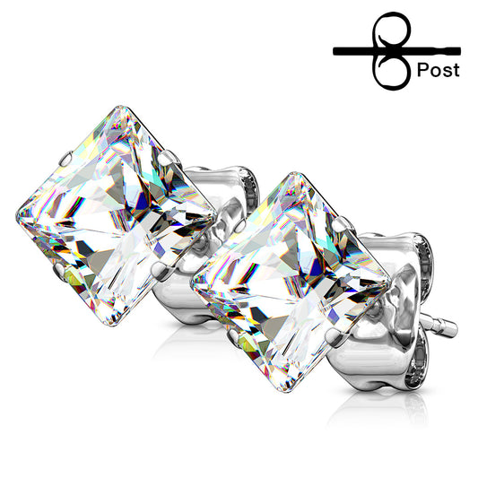 316L Surgical steel earrings that boast a stunning square, prong-set cubic zirconia that captures the light from every angle. Available in 4mm, 5mm, 6mm, 7mm, 8mm and 10mm sizes.