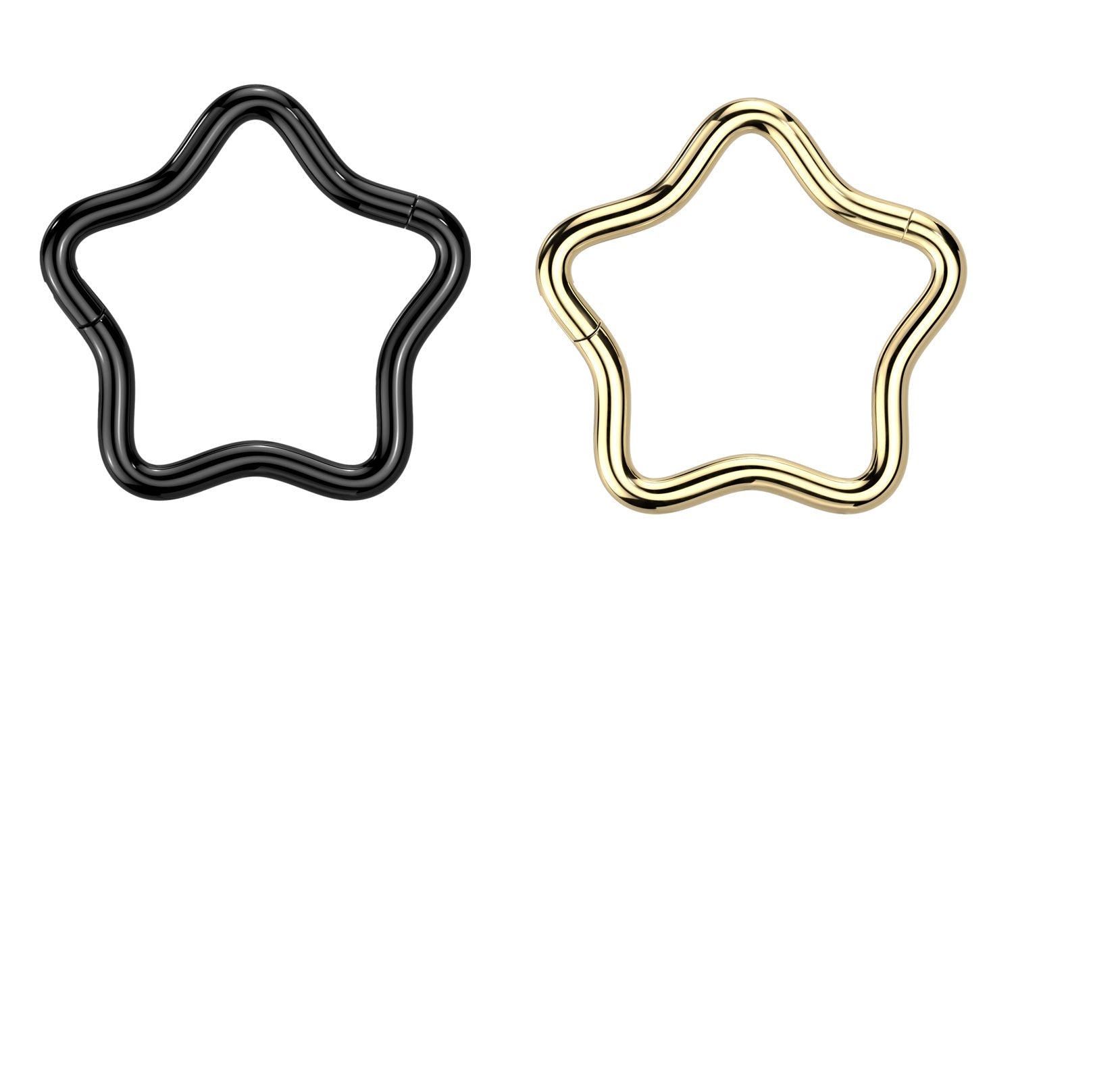 Star shaped, titanium hinged segment rings in black, gold plated or titanium. Easy to change in or out. These clickers can be worn in daith, lip, rook, snug, helix, septum, cartilage or lobe piercings.