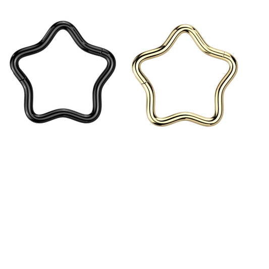 Star shaped, titanium hinged segment rings in black, gold plated or titanium. Easy to change in or out. These clickers can be worn in daith, lip, rook, snug, helix, septum, cartilage or lobe piercings.