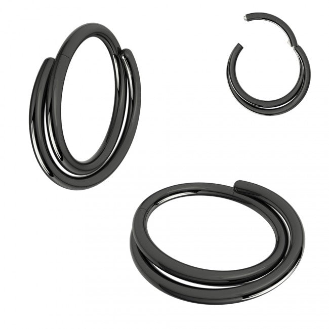 A surgical steel hinged segment clicker with a twisted double hoop look, shown in black. The rounded top of this hinged clicker makes it a great for daith, tragus, rook or septum piercings.