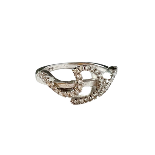 Sterling silver ring with cubic zirconia squiggle design.