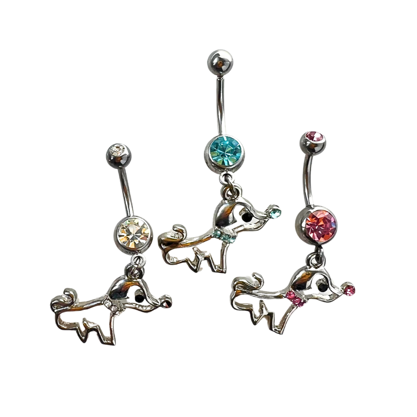 Surgical steel dangle belly button rings with crystal studs and rhinestone poodle dog charms