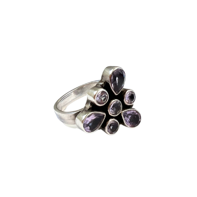 Sterling silver ring with amethyst gems.