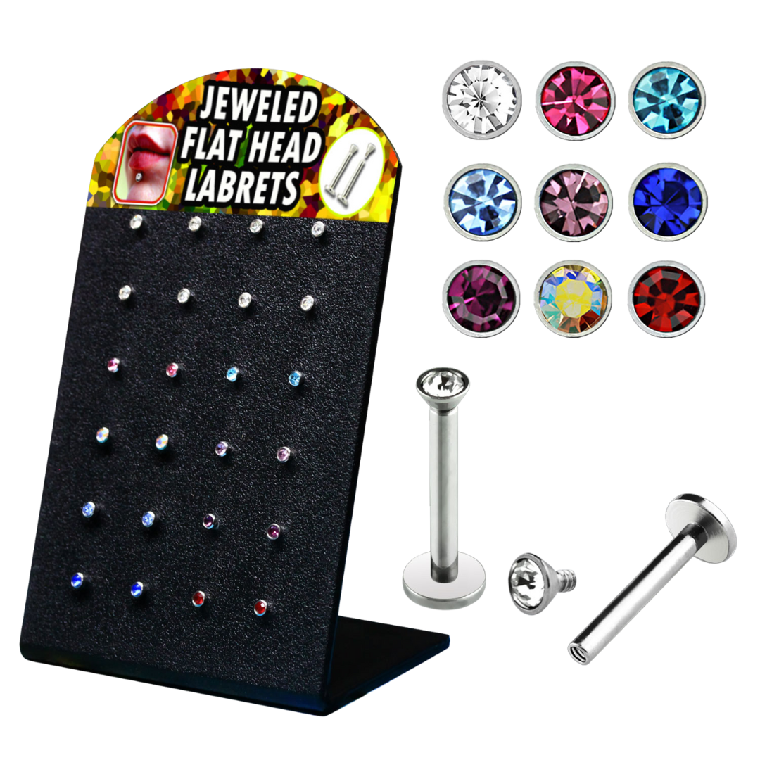 Display Of 24 Internally Threaded Jewelled Labrets