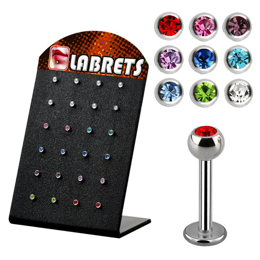 Display Of 24 Jewelled Labrets - Assorted Sizes