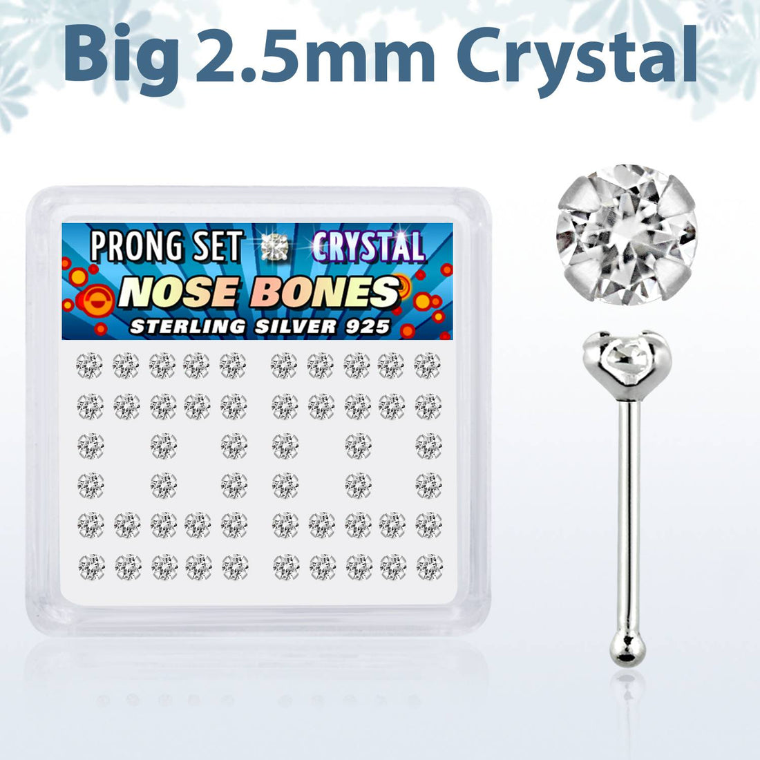 Pack of 25 sterling silver nose bone studs featuring big 2.5mm prong-set clear crystal gems.