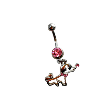 Surgical steel dangle belly button ring with pink crystal stud and rhinestone poodle charm