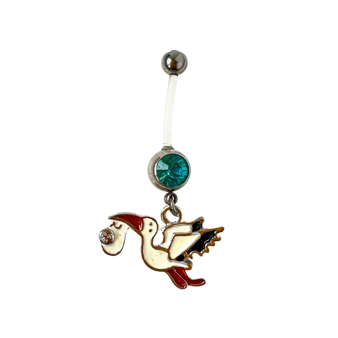 Set of 3 flexible clear pregnancy belly button rings with green clear and red crystal studs and dangling enamel stork charms