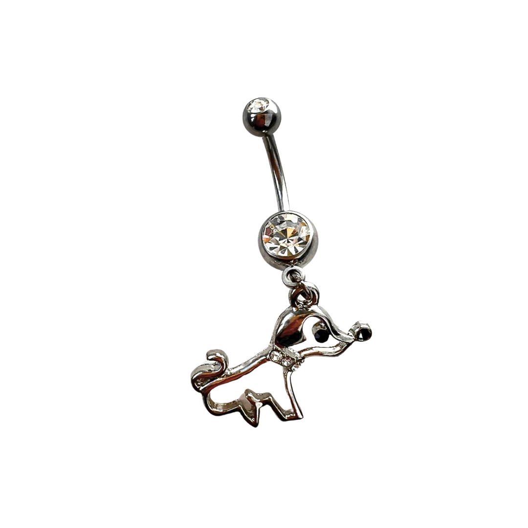 Surgical steel dangle belly button rings with crystal studs and rhinestone poodle dog charms
