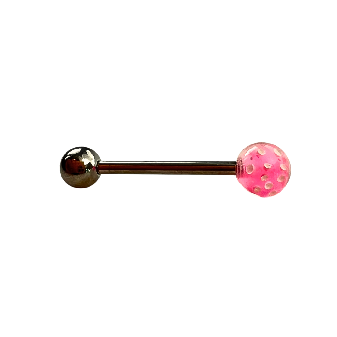 A collection of barbell tongue piercings featuring ball ends designed to look like multi-colored dice or gaming dice.