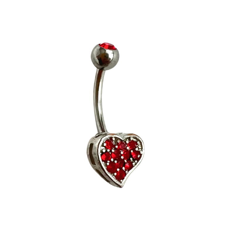 Red rhinestone heart belly button ring stainless steel navel body jewellery.