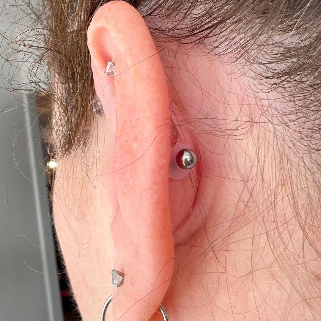 A model shown wearing a Medical Grade Silicone Disc shown on the back of cartilage jewellery.