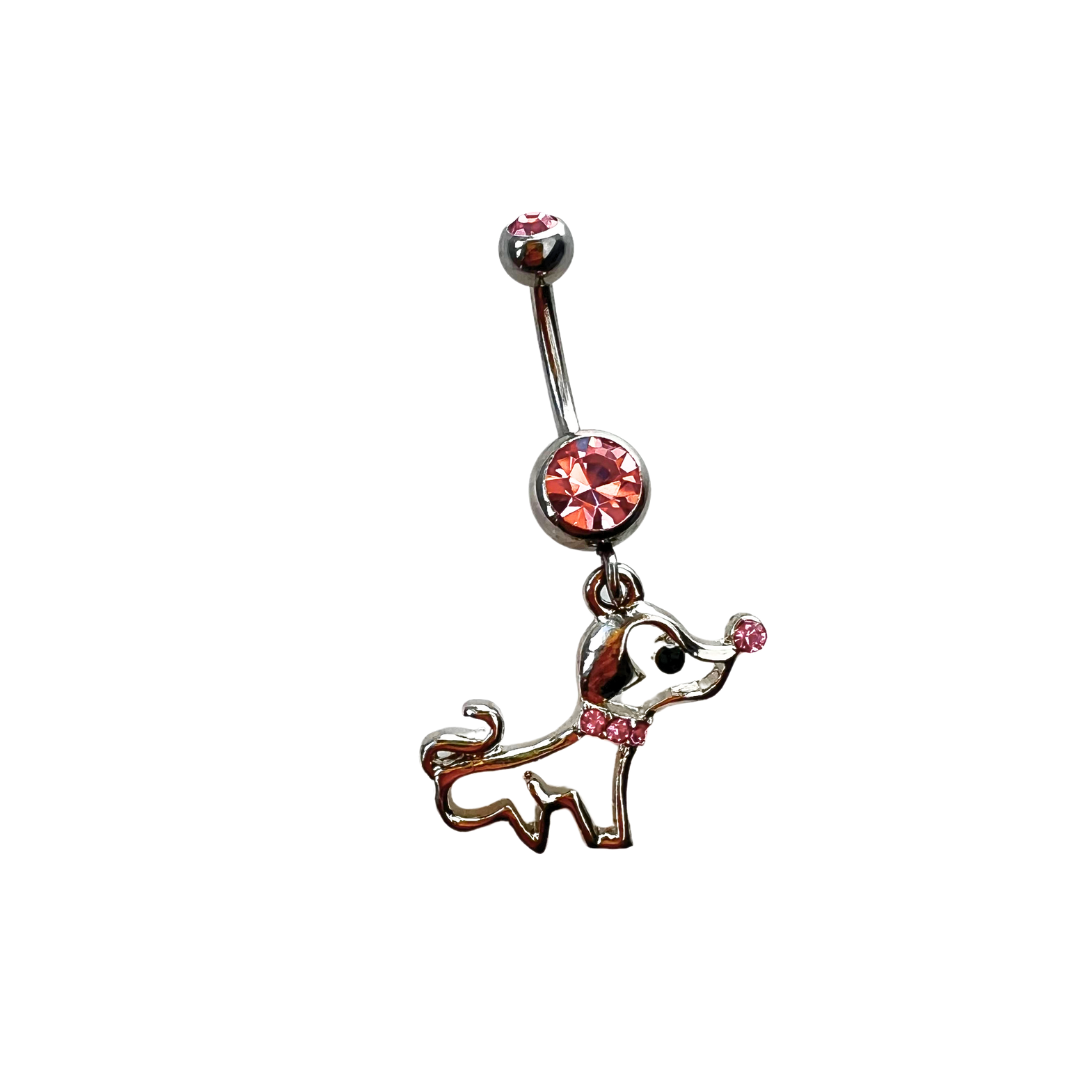 Surgical steel dangle belly button ring with pink crystal stud and rhinestone poodle charm