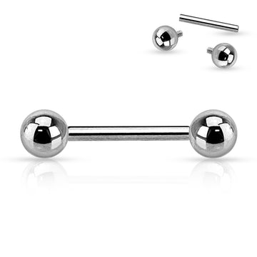 A straight barbell piercing ring made of polished titanium, featuring a smooth shaft with a round ball bead on each end. An inset graphic above displays a hollow barbell post alongside two detached internally threaded ball ends with screw pins.