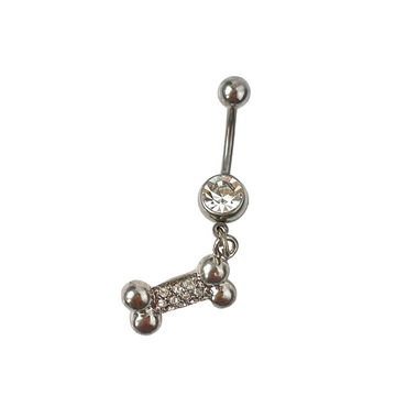 Surgical steel dangle belly button ring with clear crystal stud and rhinestone paved dog bone charm