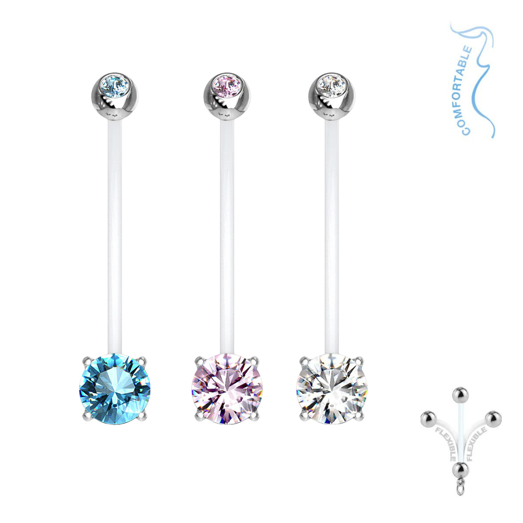 Three flexible bioflex pregnancy belly button rings with surgical steel gem tops on a white background. From left to right, the prong-set bottom gems are light blue, light pink, and clear white. A small inset graphic shows a bent barbell demonstrating flexibility.