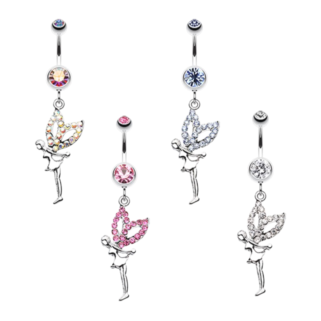 Four surgical steel belly  rings with dangling fairy charms and round crystal accents, shown on a plain white background. The crystal accents and fairy body details come in blue, pink, and iridescent colors.