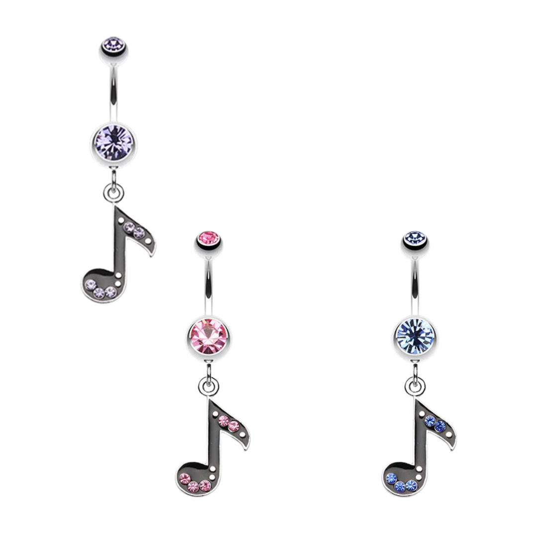 A collection of surgical steel curved barbell belly rings featuring dangling eighth music note charms paved with small crystals, shown in purple, light pink, and sapphire blue crystal variations.