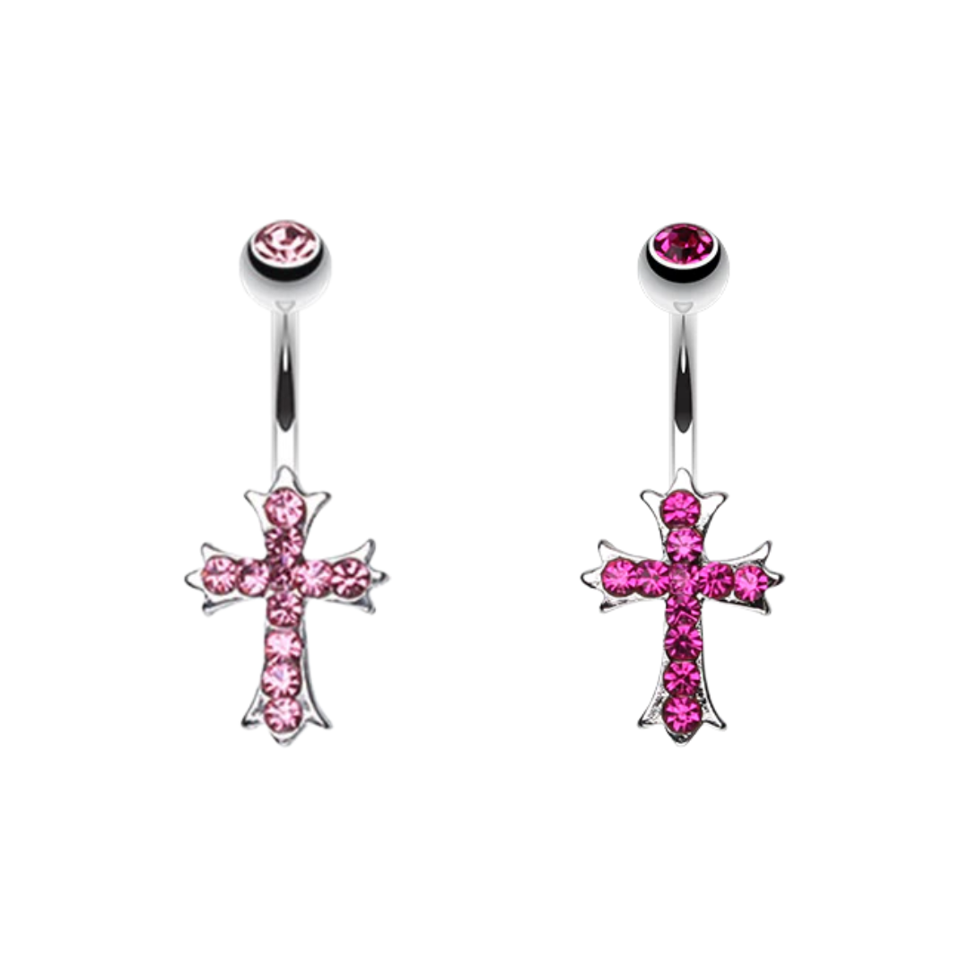 Two surgical steel dangling cross belly button rings featuring light pink and dark pink crystal gems on a white background.