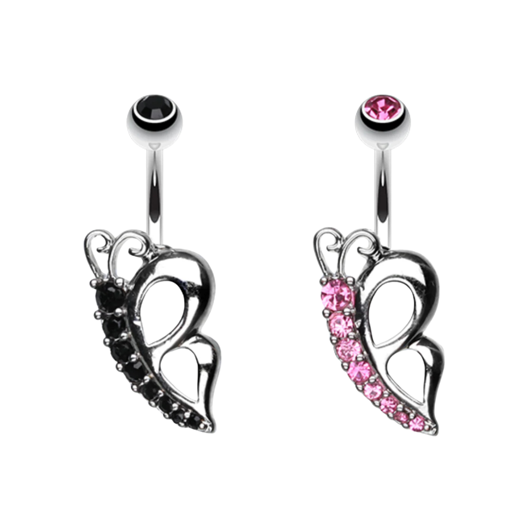 Two surgical steel belly rings with butterfly wing charms, one featuring a black crystal-studded section and the other a pink crystal-studded section, shown on a plain white background.