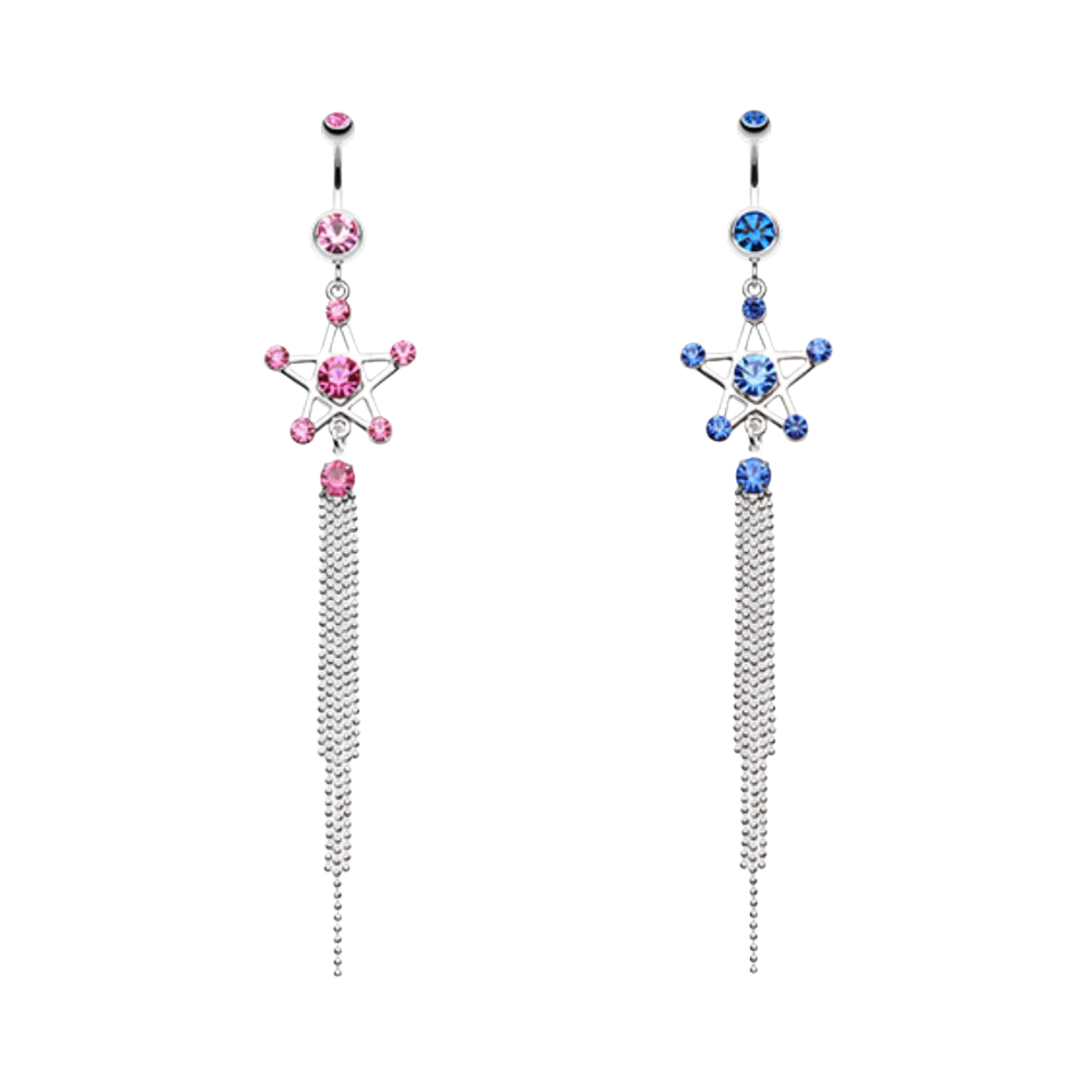 A pair of polished surgical steel curved barbell belly rings featuring dangling multi-stone star pendants with extra-long multi-strand fringe chains, shown in pink and sapphire blue crystal variations.
