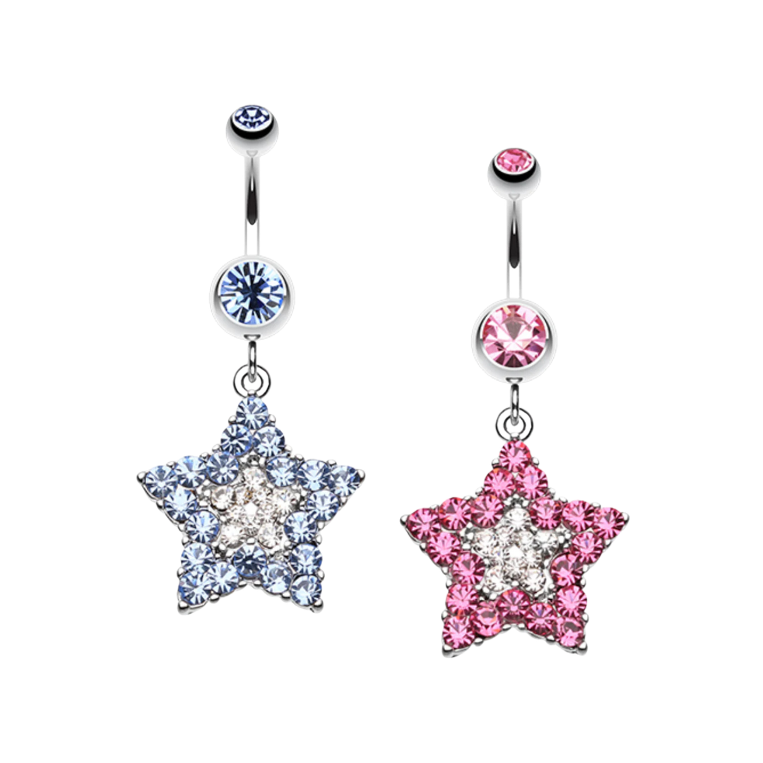 Star-shaped belly button rings with blue and pink gemstones on a white background
