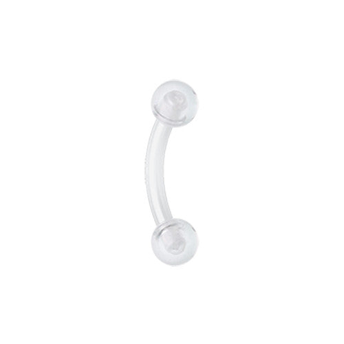 A set of five flexible Bioflex curved barbell piercings with matching acrylic end balls, shown in blue, black, clear, pink, and neon green.