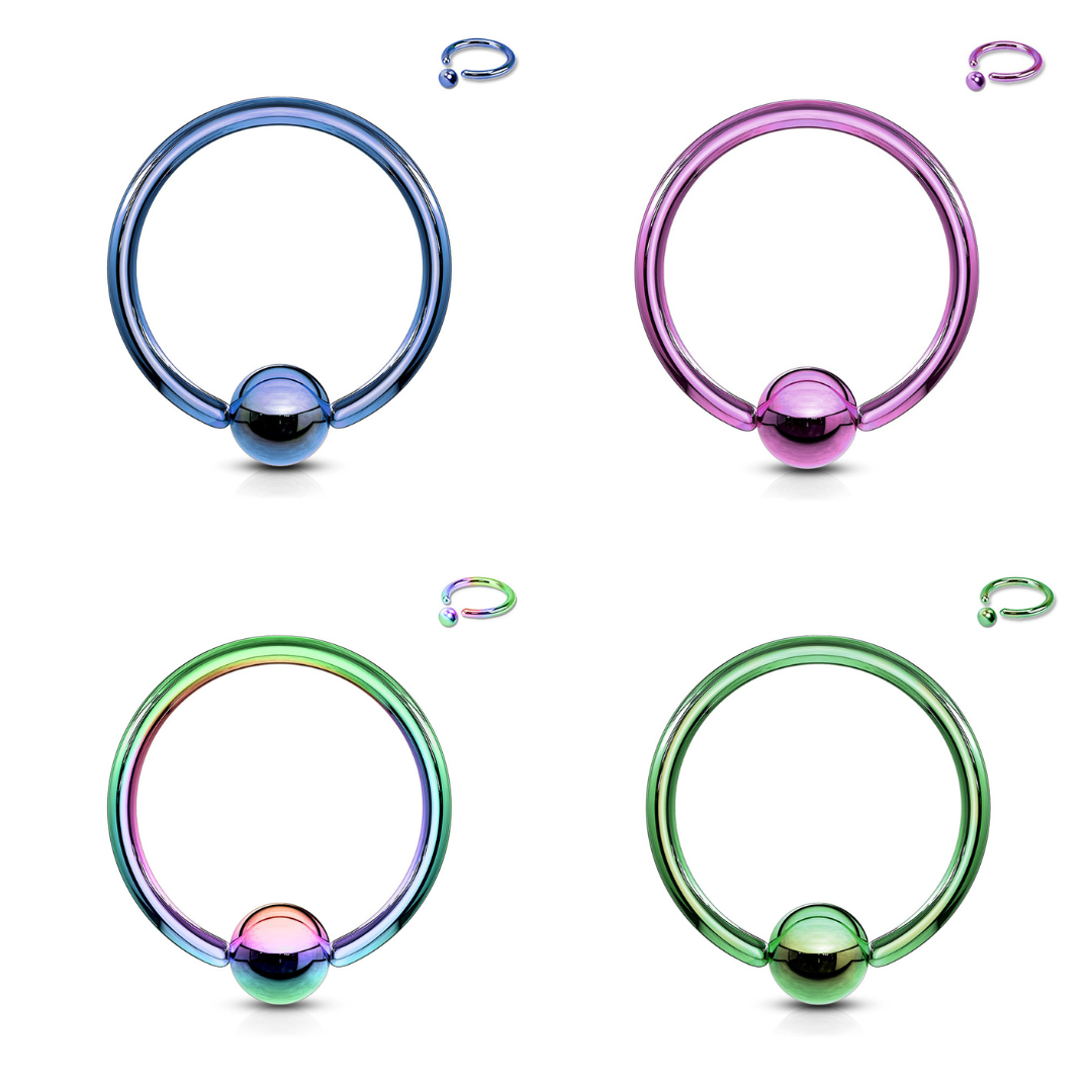 Four titanium anodized surgical steel captive bead rings arranged in a two-by-two grid on a white background, featuring dark blue, bright purple, rainbow multi-color, and green metallic finishes, each with a small graphic illustrating the detached ball mechanism.