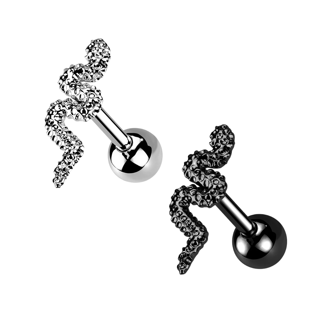 Two surgical steel barbells cartilage studs featuring detailed textured snake charms on a white background, with one showing a polished silver finish and the other a sleek black finish.