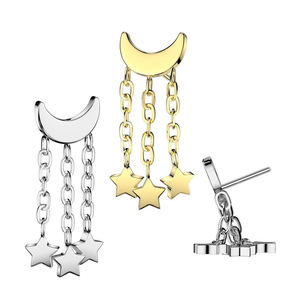 PARTS - TITANIUM - Threadless Crescent Moon With 3 Dangly Stars