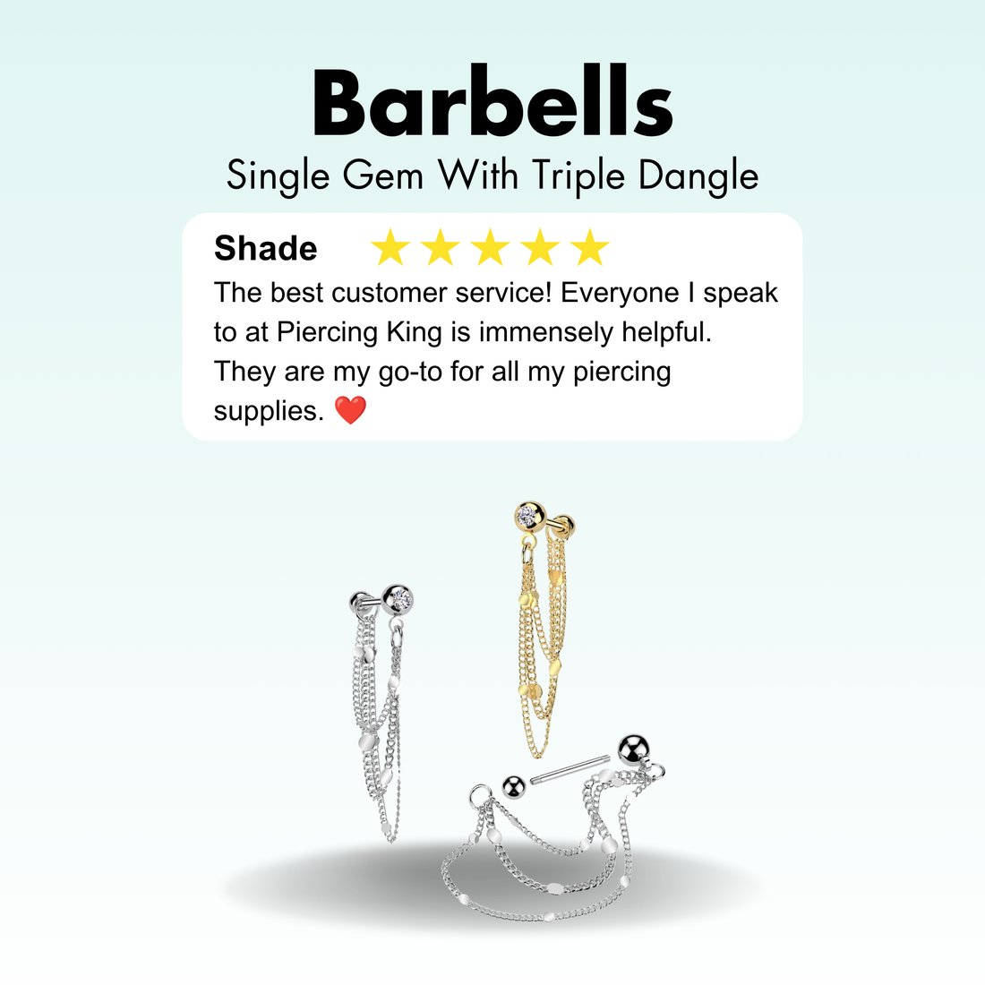A gold plated and two stainless steel straight barbell piercing featuring a three-tiered dangling chain design.