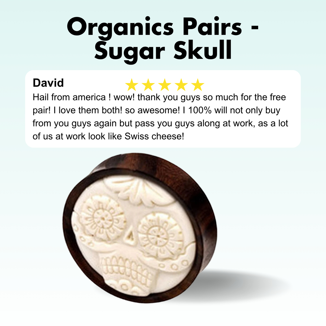 Round dark wood ear plug featuring a detailed, hand-carved white bone sugar skull inlay.
