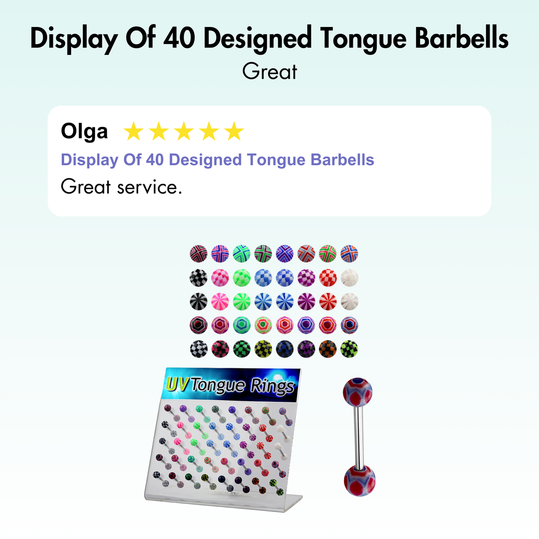 Display Of 40 Designed Tongue Barbells