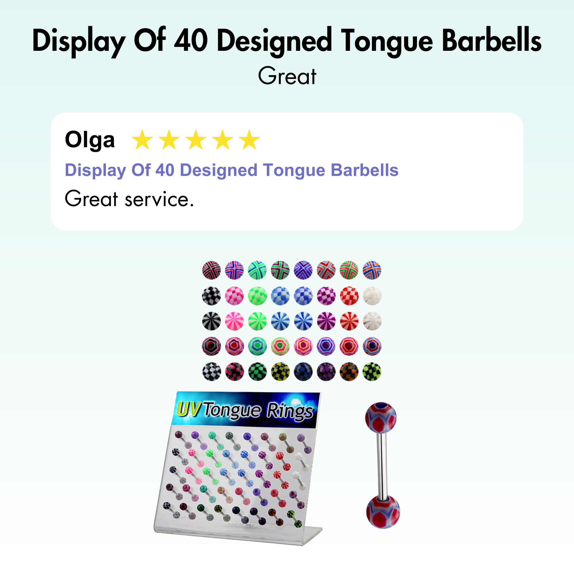 Display Of 40 Designed Tongue Barbells