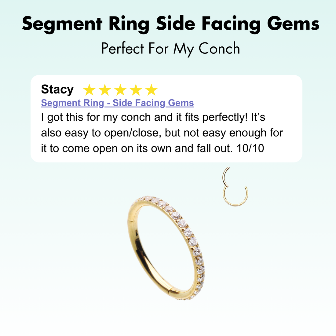 A beautiful gold-plated, surgical steel hinged segment ring with 18 clear side-facing cubic zirconia. Great for cartilage, lip, eyebrow, daith, rook, snug, helix, tragus, or ear lobe piercings.