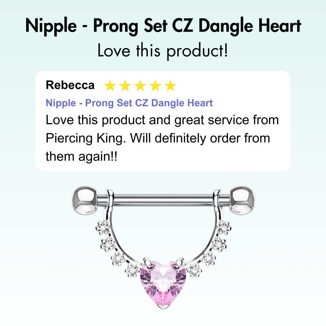 316L Surgical steel nipple barbell with prong set cz dangle gems. Externally Threaded.  14 Gauge X 12mm X 4mm