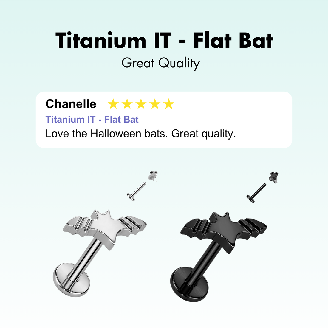 Titanium labret with internally threaded top in the shape of a bat. These labrets have a 4mm flat base. 16 gauge X 8mm. Ti-6AL4V-ELi ASTM F-136 TITANIUM