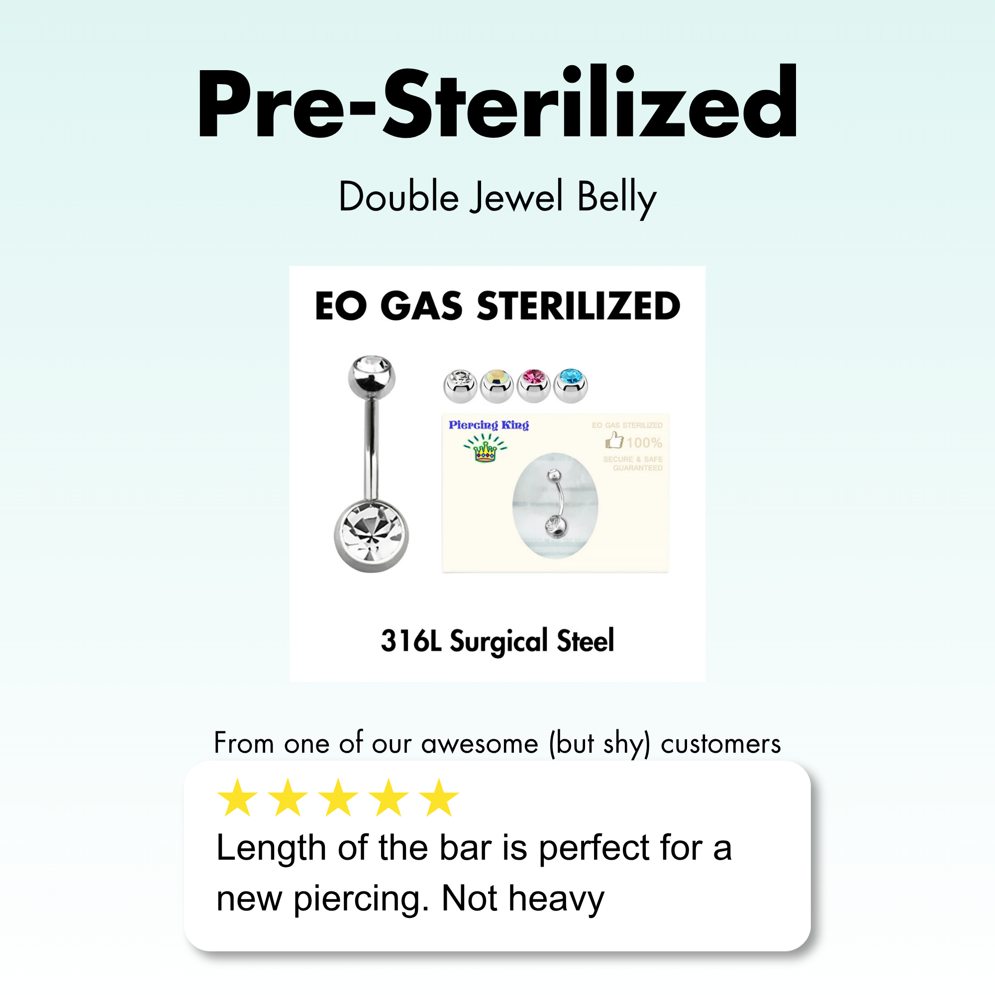 Promotional graphic for a pre-sterilized double jewel belly piercing. The image shows a silver-coloured curved barbell belly button stud with a skull and crossbones design in the center, alongside a small image of its sterilized packaging.