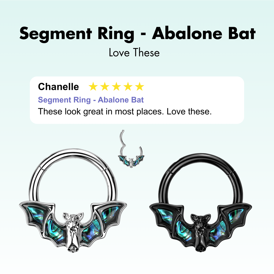 Hinged segment ring with abalone shell bat design. Shown in Black and Surgical Steel. This segment ring is great for septum, daith, or other cartilage piercings.  16 gauge X 8mm. Segment ring is surgical steel, bat adornment is plated brass.