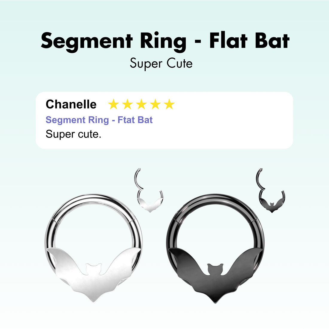 316L surgical steel hinged segment ring with bat design, in silver.  Great for septum, daith, rook, helix, tragus, or even eyebrow or earlobe piercings.     Available in 2 different diameters, 8mm or 10mm.