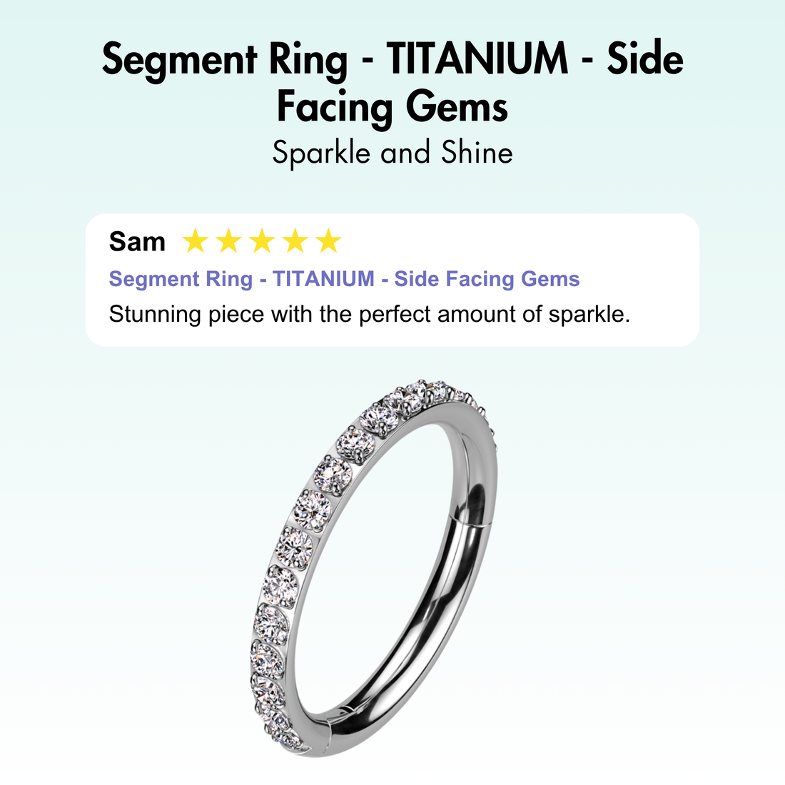 Titanium hinged segment ring with clear side-facing cubic zirconias. Great for cartilage piercings, lip, eyebrow, ear lobes, or even nostril. These beautiful jewelled clickers look great in the daith, rook, snug, helix or tragus. Three diameters are available, 8mm, 10mm, or 12mm so you can choose a snug fit, or a bigger ring for more space.