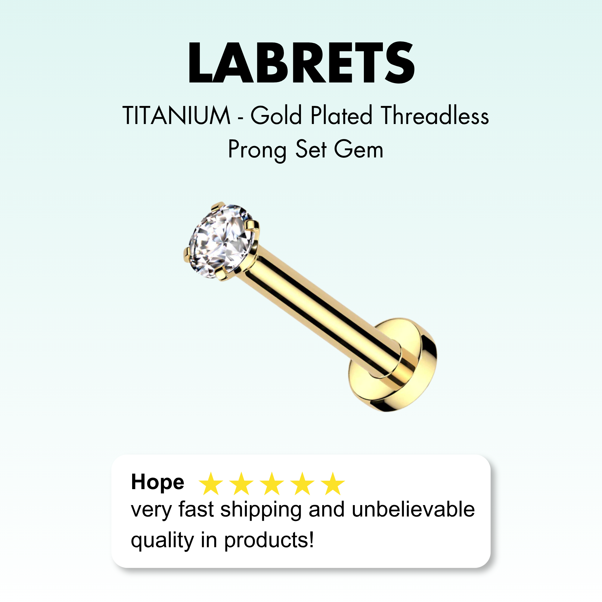 Labrets - TITANIUM - Gold Plated Threadless Prong Set Gem