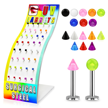 Display Of 40 Labrets With UV Balls/Spikes