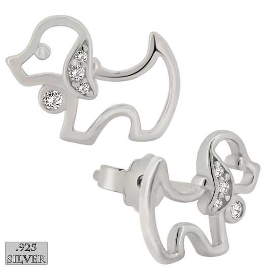 925 sterling silver earrings featuring a cute dog silhouette with a jewelled ear and bowtie.