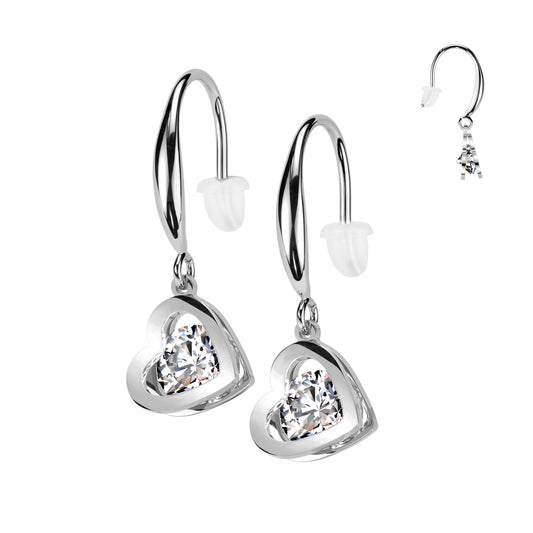 Hook-style, stainless steel earrings featuring a captivating heart design with a stunning cubic zirconia nestled within the heart. Shown in surgical steel. 316L Surgical Steel.